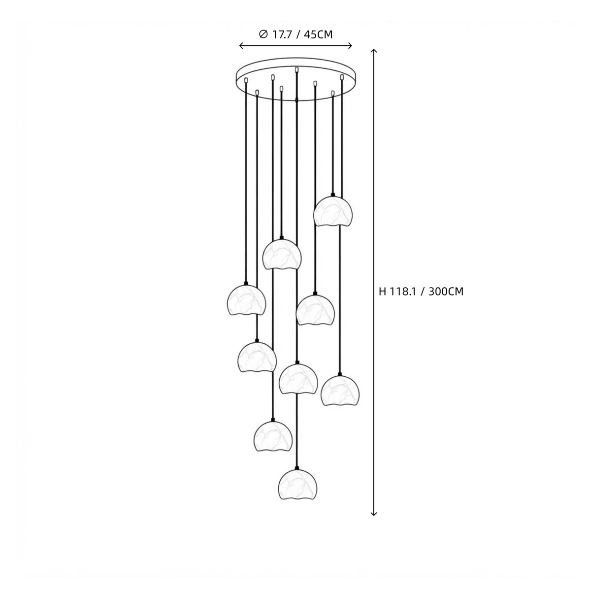 Modern 9-Light Alabaster Half-Globe Staircase Chandelier Line Art Dimension Diagram