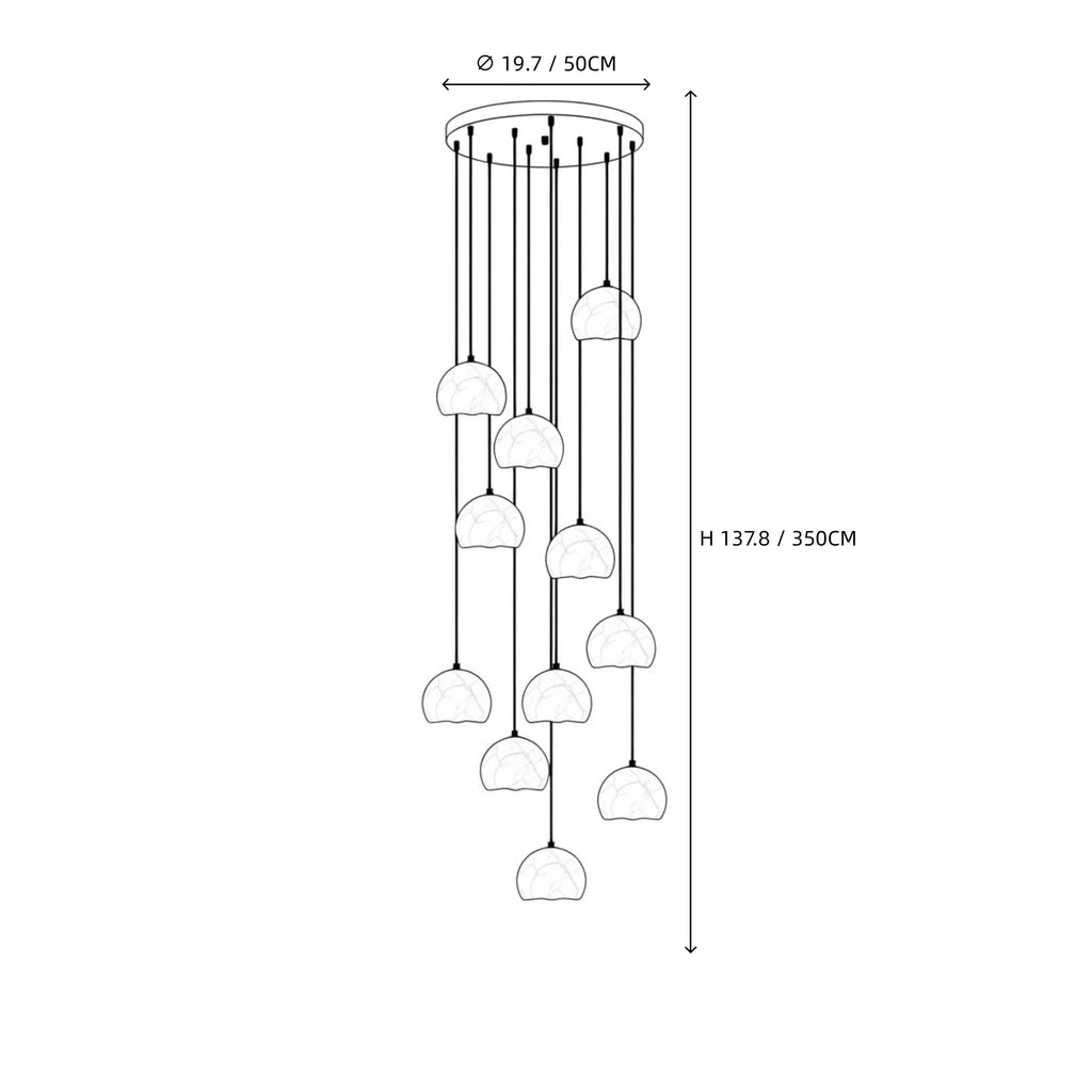 Modern 11-Light Alabaster Half-Globe Staircase Chandelier Line Art Dimension Diagram
