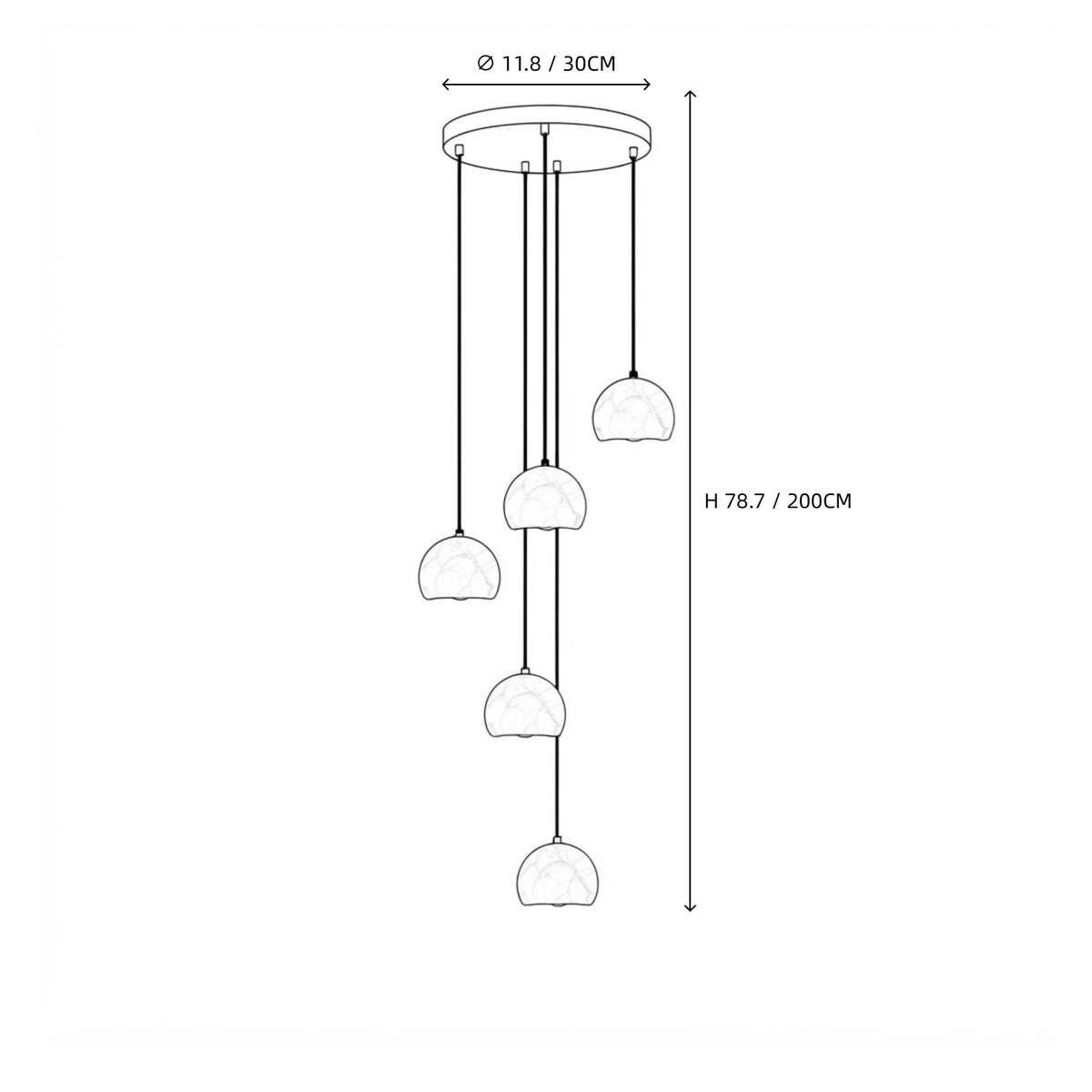 Modern 5-Light Alabaster Half-Globe Staircase Chandelier Line Art Dimension Diagram