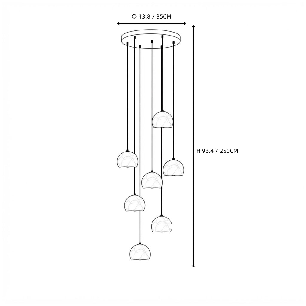 Modern 7-Light Alabaster Half-Globe Staircase Chandelier Line Art Dimension Diagram