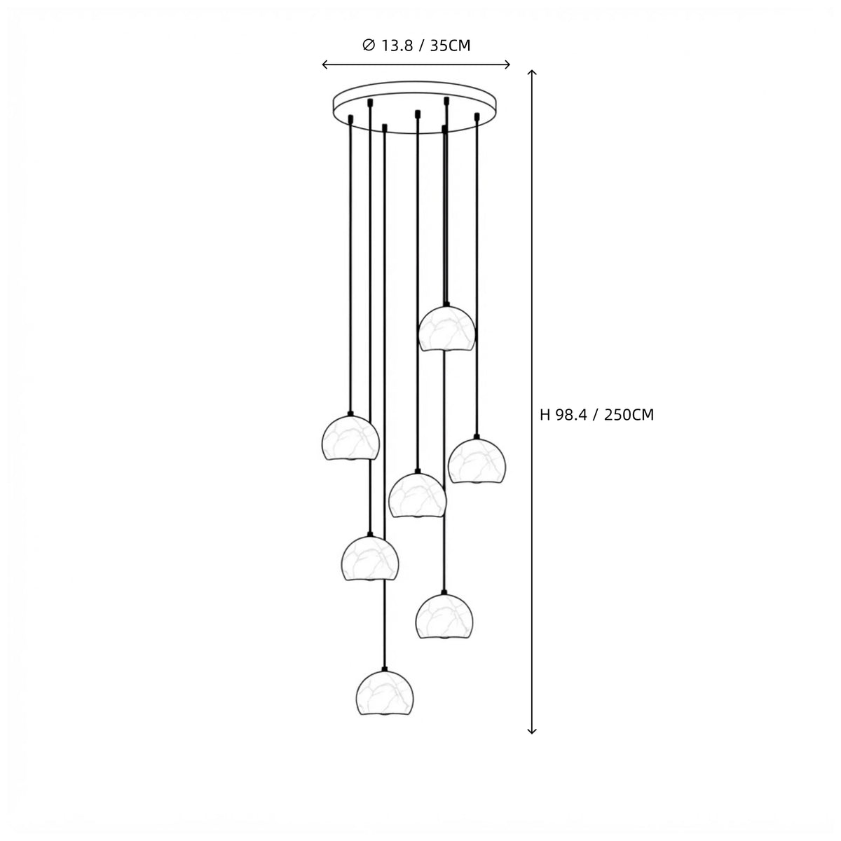 Modern 7-Light Alabaster Half-Globe Staircase Chandelier Line Art Dimension Diagram