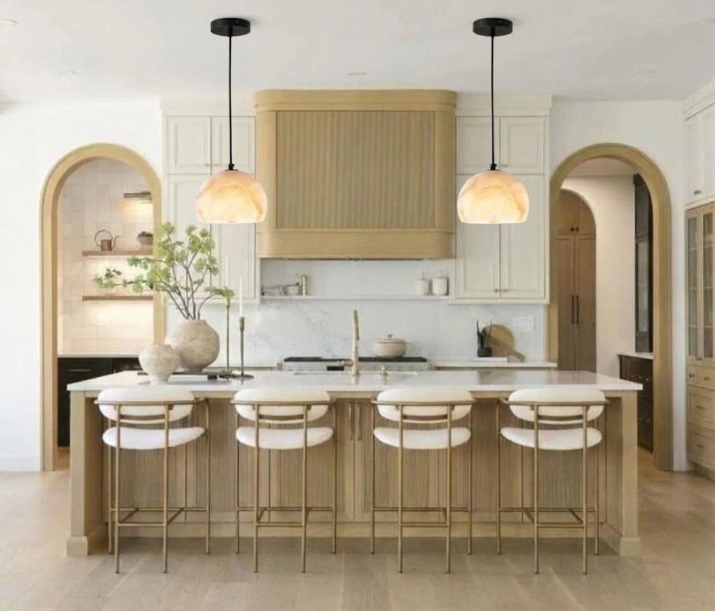 Modern Alabaster Half-Globe Pendant Light Over Kitchen Island