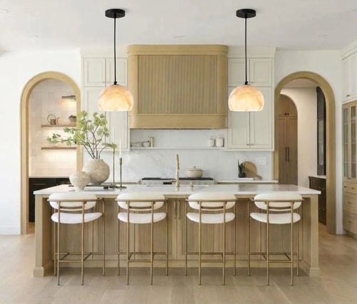 Modern Alabaster Half-Globe Pendant Light Over Kitchen Island