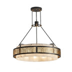 Modern Round Pierced Metal Band and Alabaster Cylinder Chandelier with Warm Light on Pure White Background