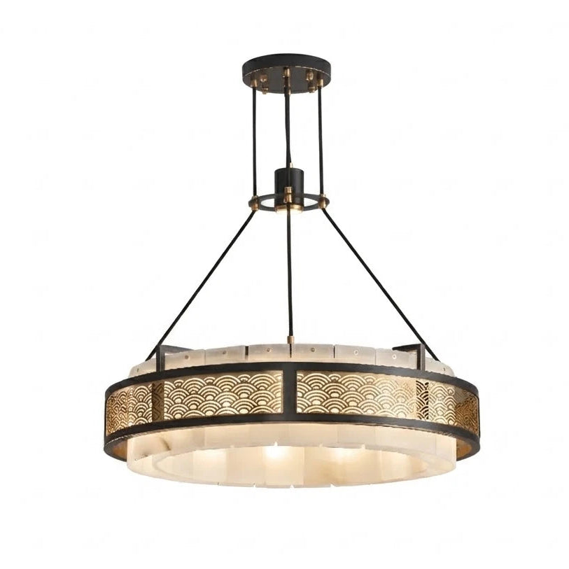 Modern Round Pierced Metal Band and Alabaster Cylinder Chandelier with Warm Light on Pure White Background