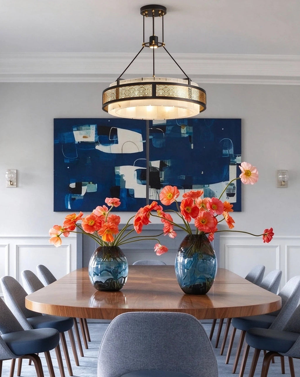 Modern Alabaster Cylinder Chandelier in Sophisticated Dining Room