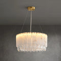 Illuminated Modern Round Alabaster and Crystal Drop Chandelier Studio Shot on Grey Background   