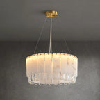 Illuminated Modern Round Alabaster and Crystal Drop Chandelier Studio Shot on Grey Background   