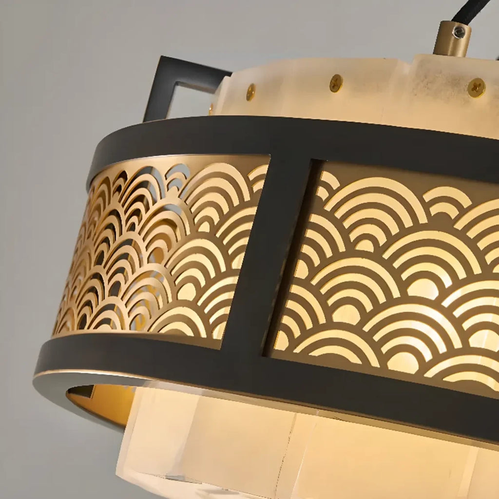 Close Up View of Round Pierced Metal Band Pattern and Alabaster Texture Details