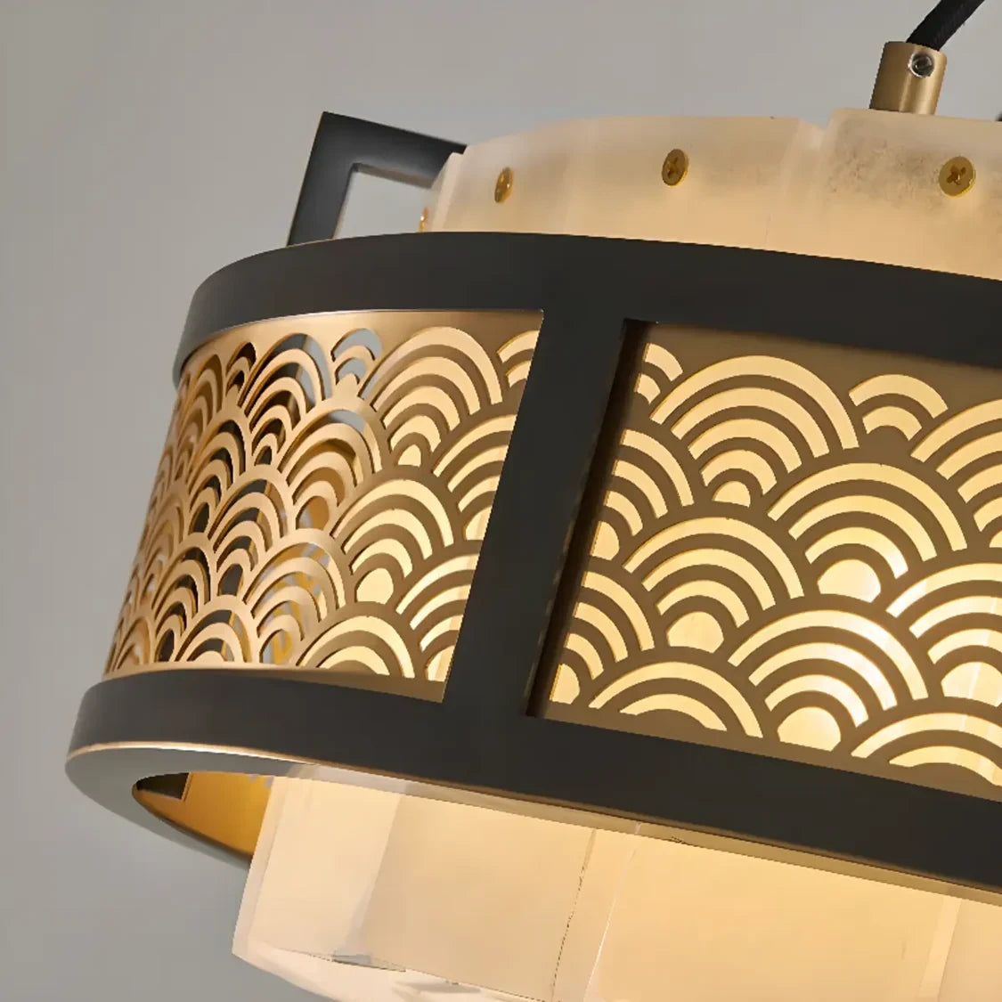 Close Up View of Round Pierced Metal Band Pattern and Alabaster Texture Details
