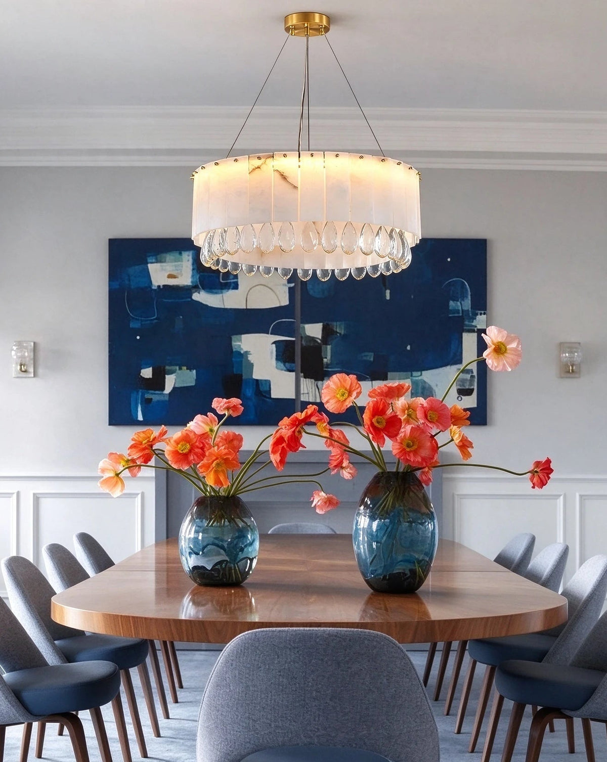 Modern Alabaster Drop Chandelier in Formal Dining Room