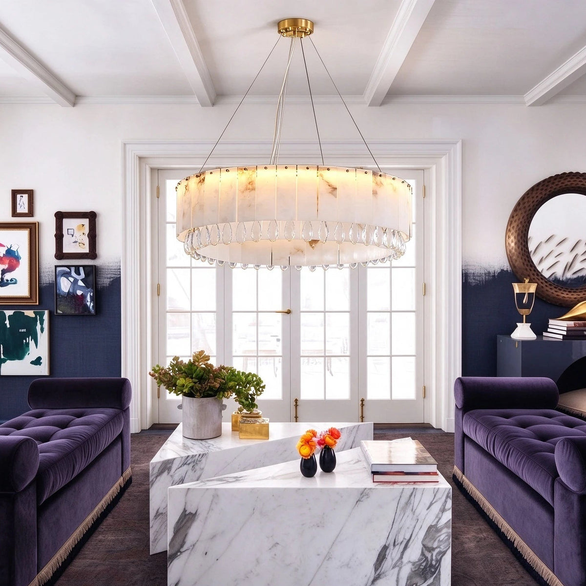Modern Round Alabaster Chandelier in Elegant Living Space