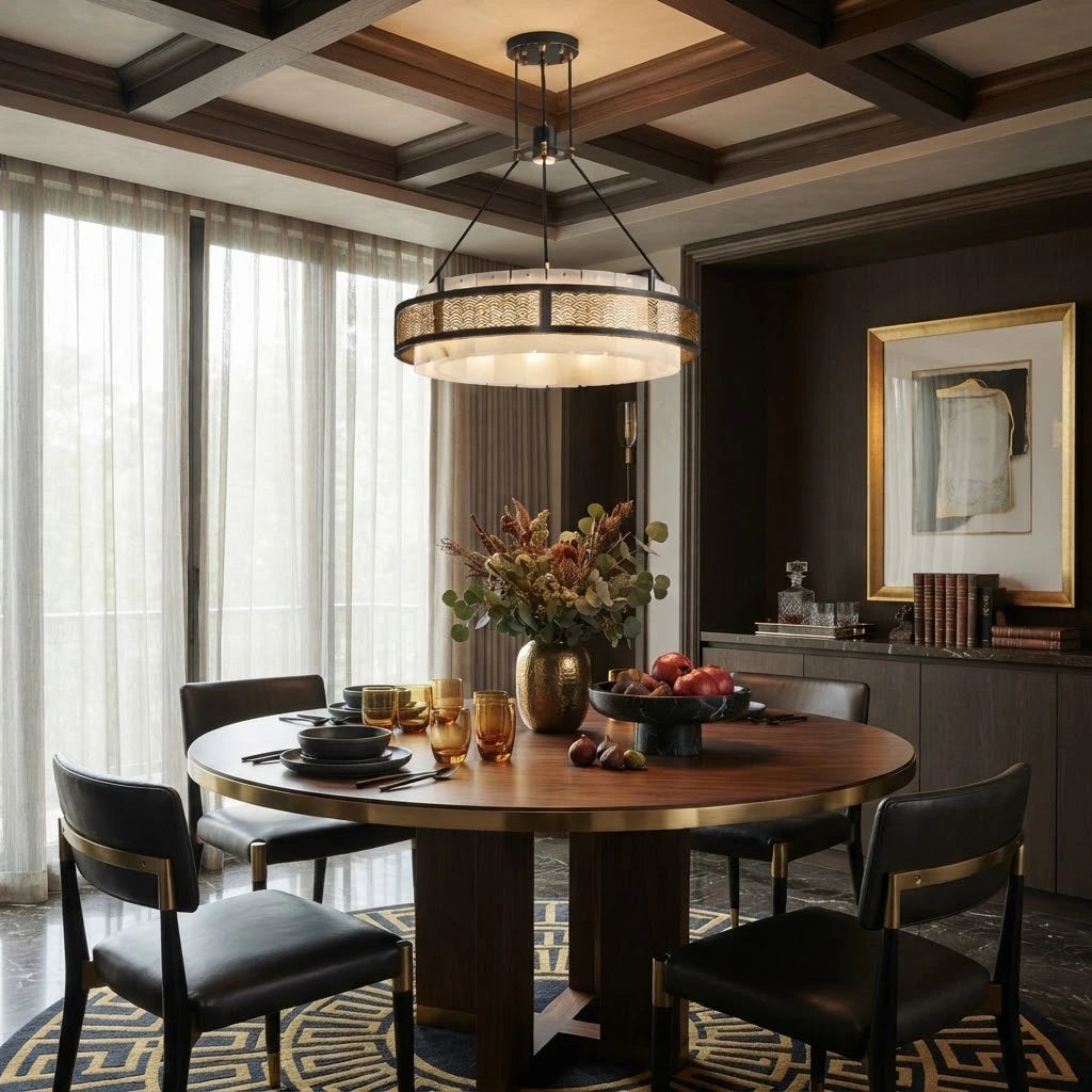Modern Alabaster Cylinder Chandelier in Cozy Dining Room Setting