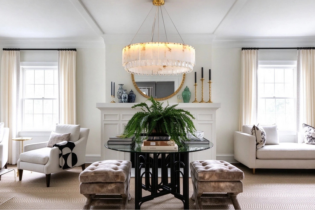 Modern Crystal Drop Chandelier in Cozy Living Room Decor