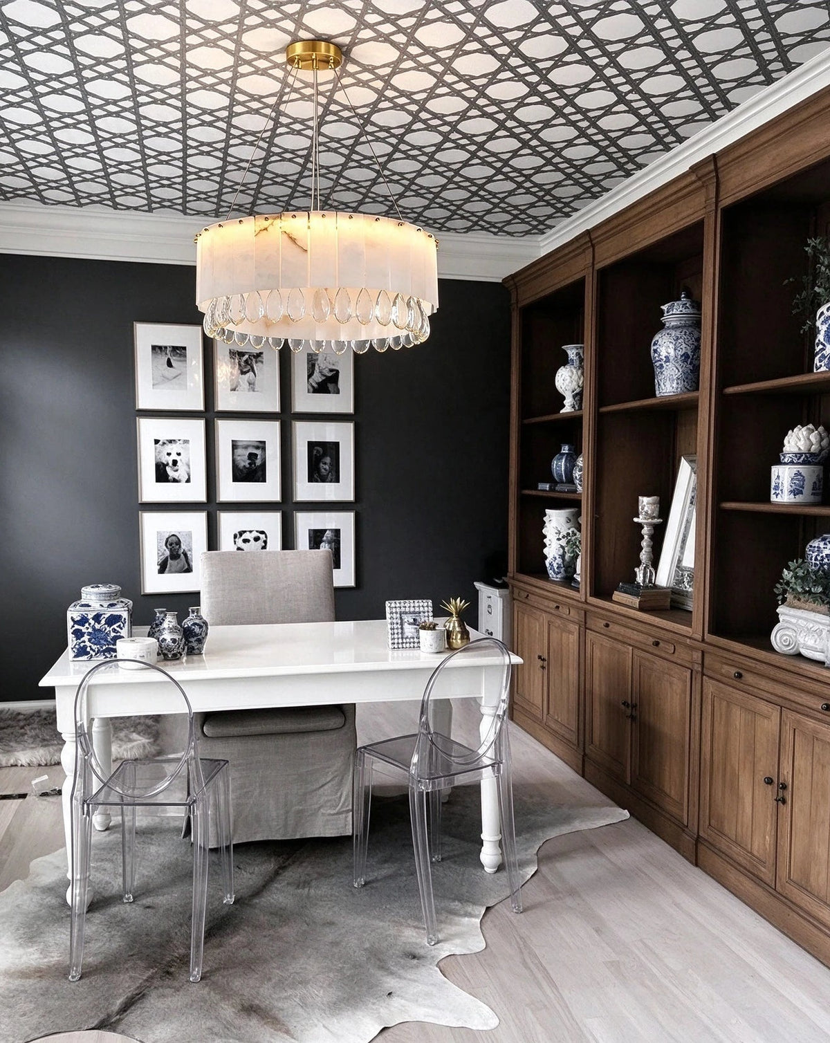 Modern Crystal Drop Chandelier in Executive Office Setting