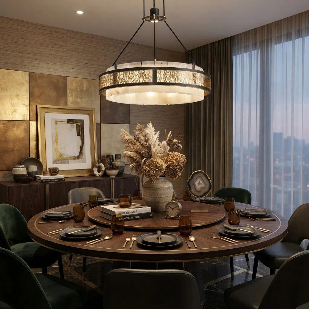 Modern Pierced Metal Band Chandelier in Designer Dining Area