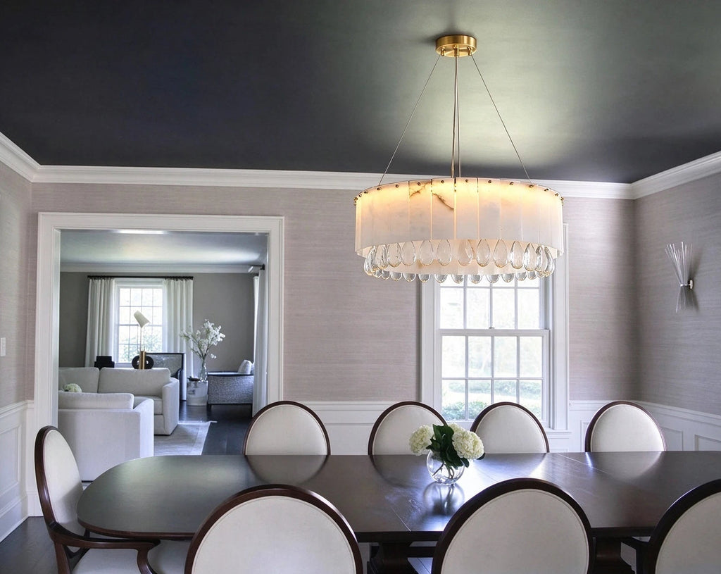 Modern Round Alabaster Chandelier in Sophisticated Dining Hall