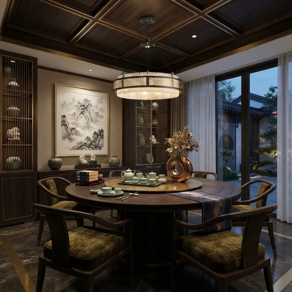Modern Alabaster Cylinder Chandelier in Luxury Dining Interior