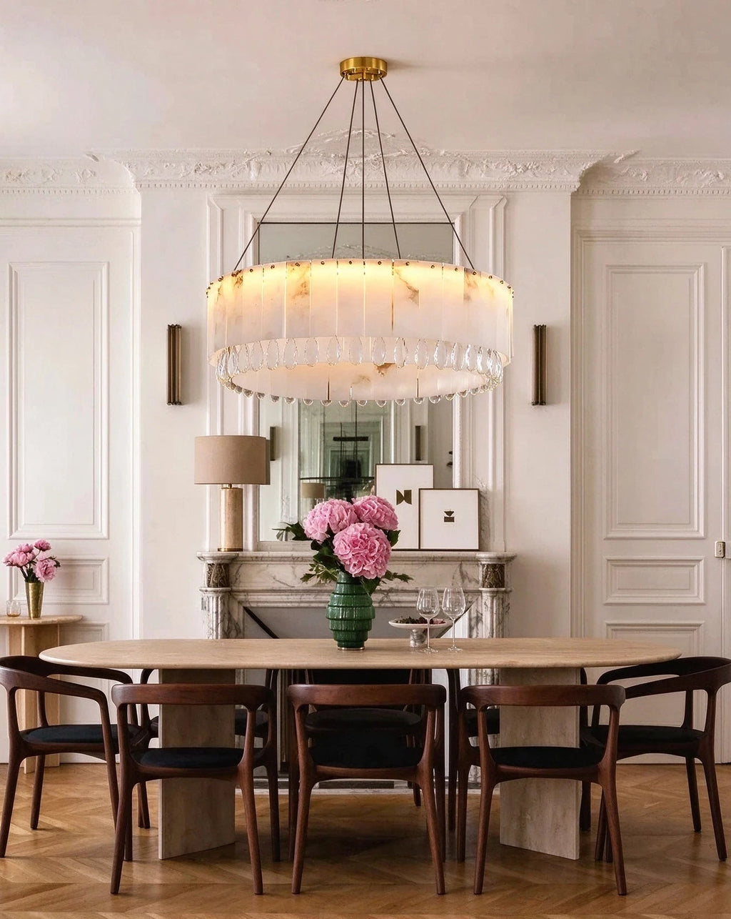 Modern Crystal Drop Chandelier in Designer Dining Space