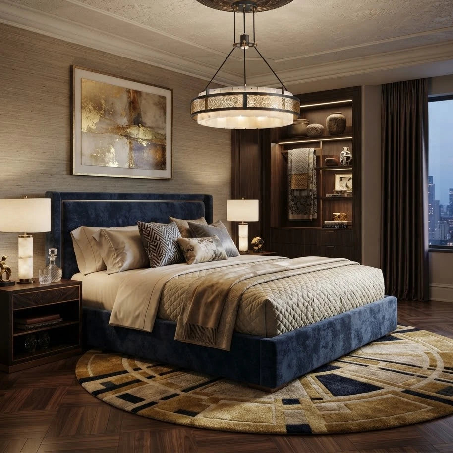 Modern Pierced Metal Band Chandelier in Master Bedroom Suite