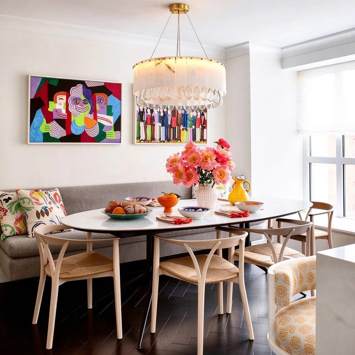 Modern Alabaster Drop Chandelier in Bright Contemporary Dining Room
