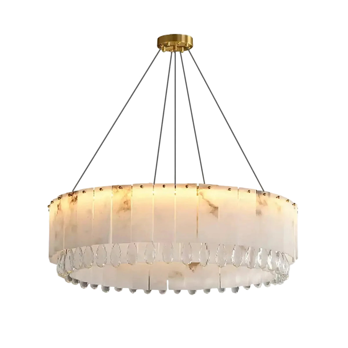 Modern Round Alabaster and Crystal Drop Chandelier with Warm Light on Pure White Background