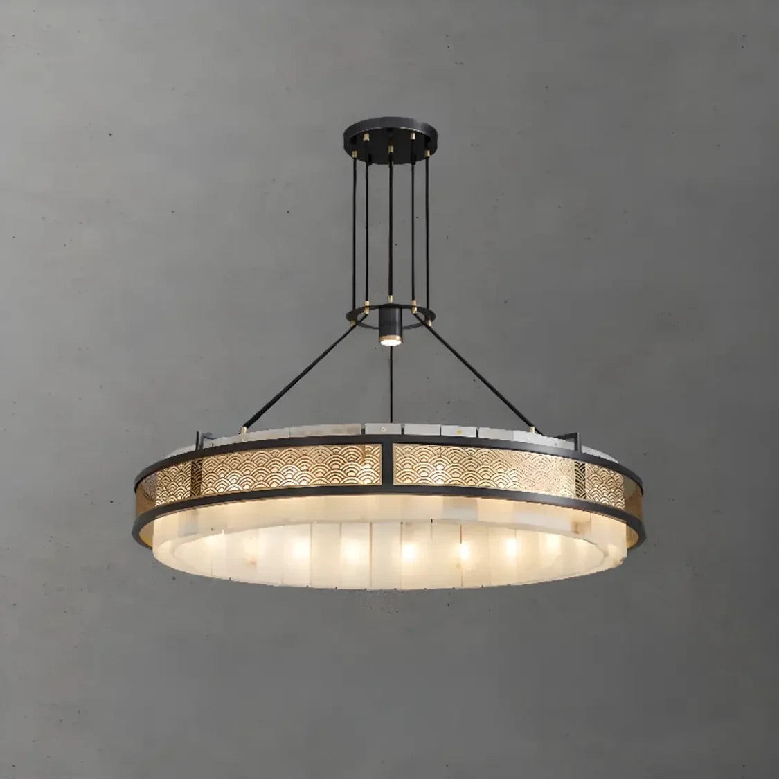 Illuminated Modern Alabaster Cylinder Chandelier Full View Display