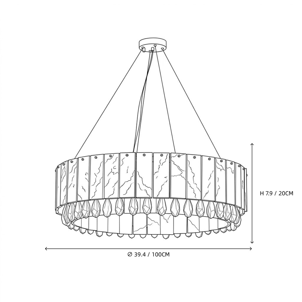 Modern Round Alabaster and Crystal Drop Chandelier Line Art Dimension Diagram