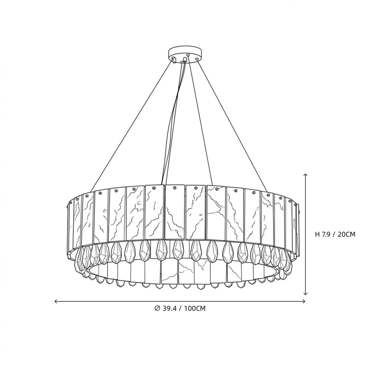 Modern Round Alabaster and Crystal Drop Chandelier Line Art Dimension Diagram