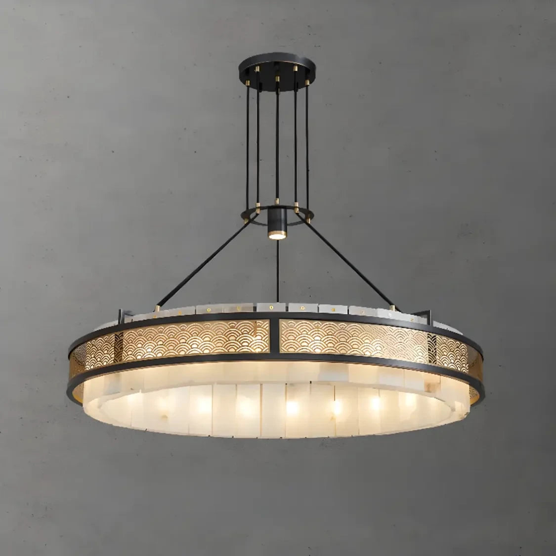 Illuminated Modern Pierced Metal Band Chandelier Bottom View Display