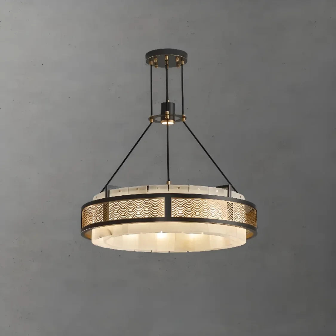 Illuminated Modern Pierced Metal Band Chandelier High Angle Studio Display   