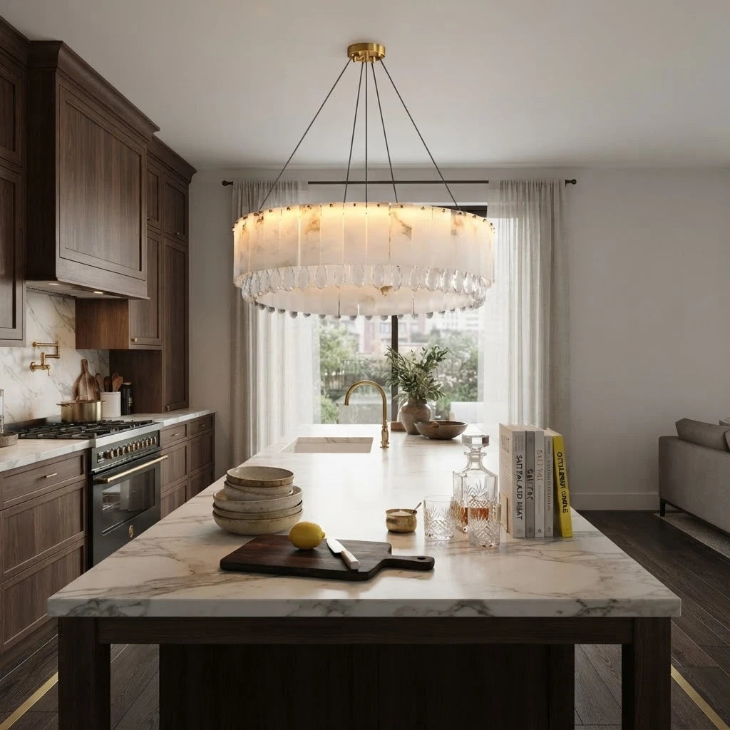 Modern Crystal Drop Chandelier in Luxury Kitchen Island Space