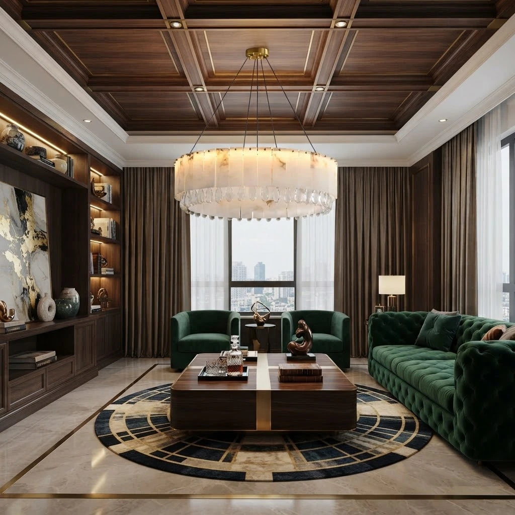 Modern Round Alabaster Chandelier in Grand Living Room Interior