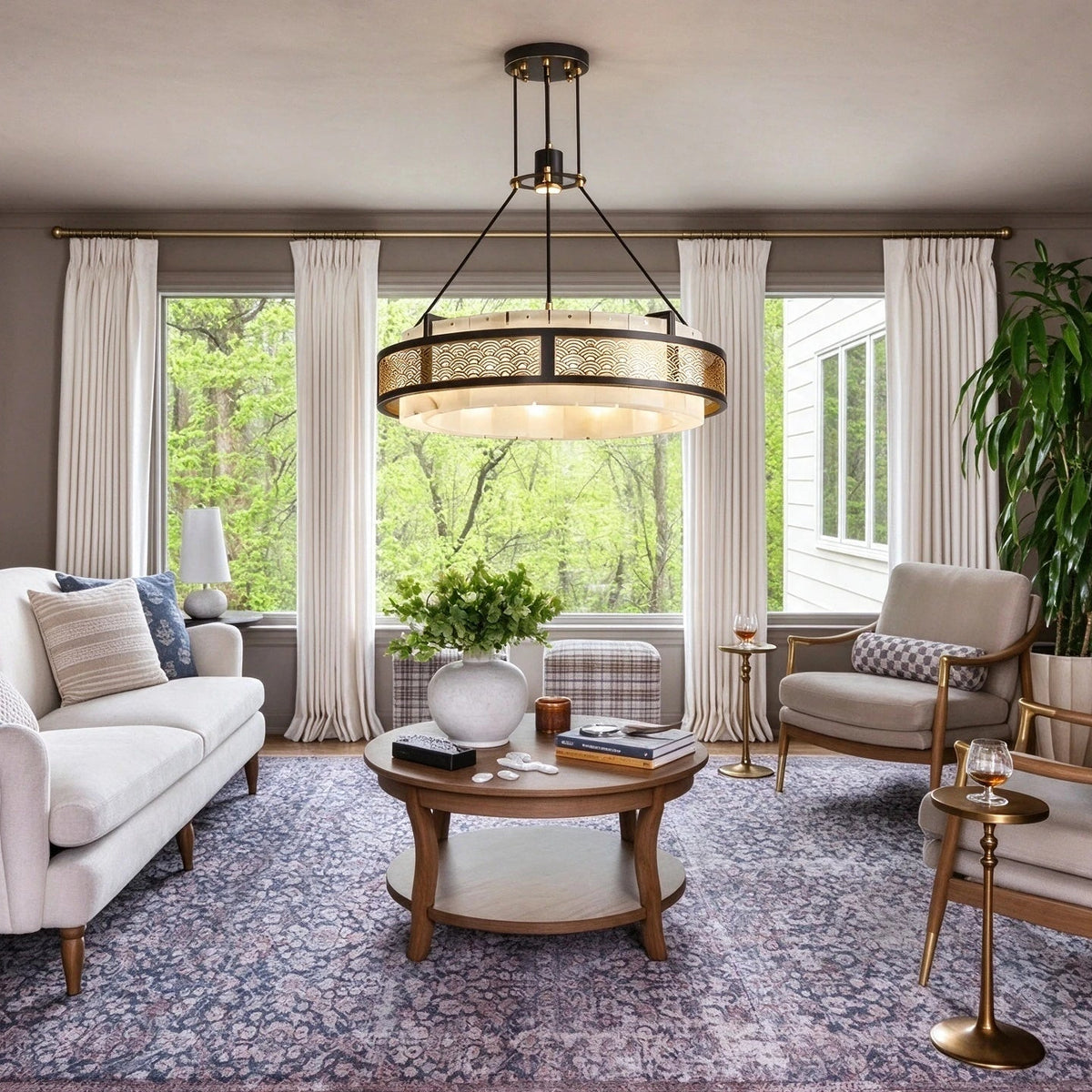 Modern Pierced Metal Band Chandelier in Bright Contemporary Living Area