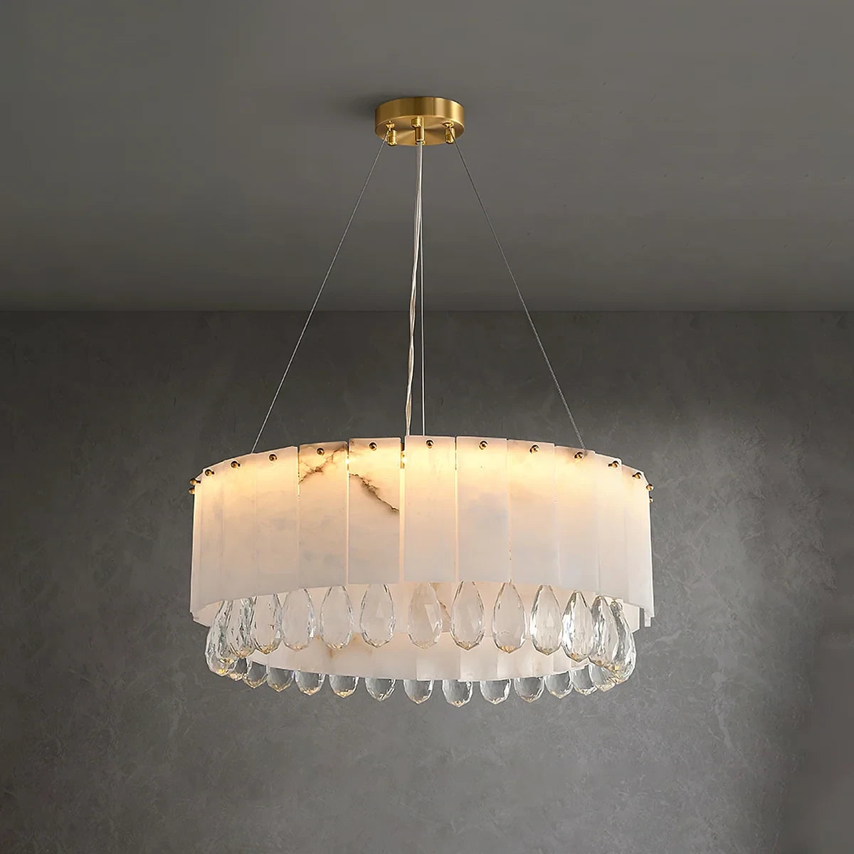 Illuminated Modern Crystal Drop Chandelier Side View Display   