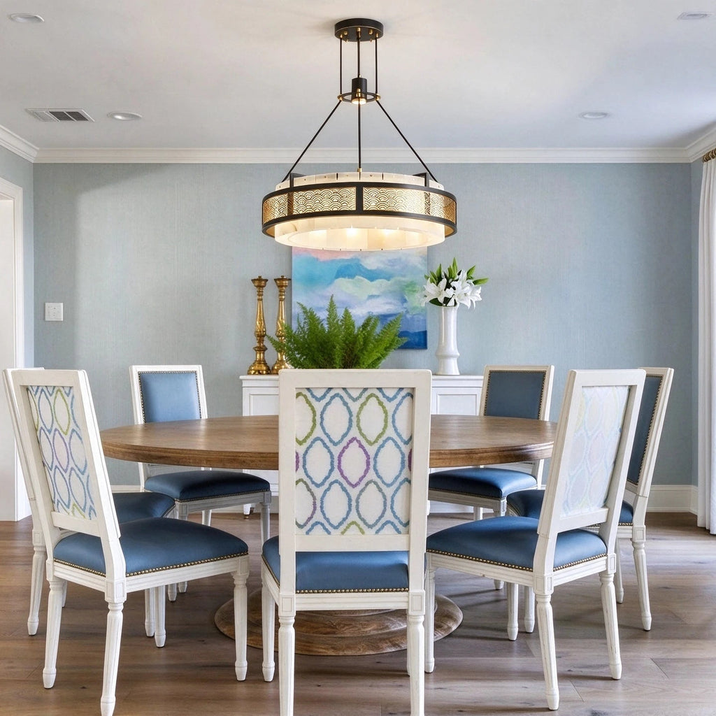 Modern Pierced Metal Band Chandelier in Formal Dining Room
