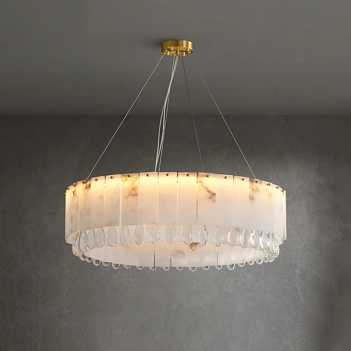 Illuminated Modern Crystal Drop Chandelier Full View Display