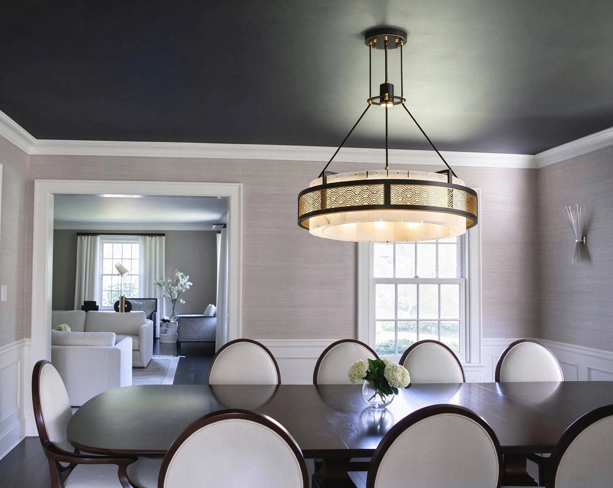 Modern Alabaster Cylinder Chandelier in Luxury Entryway Foyer   