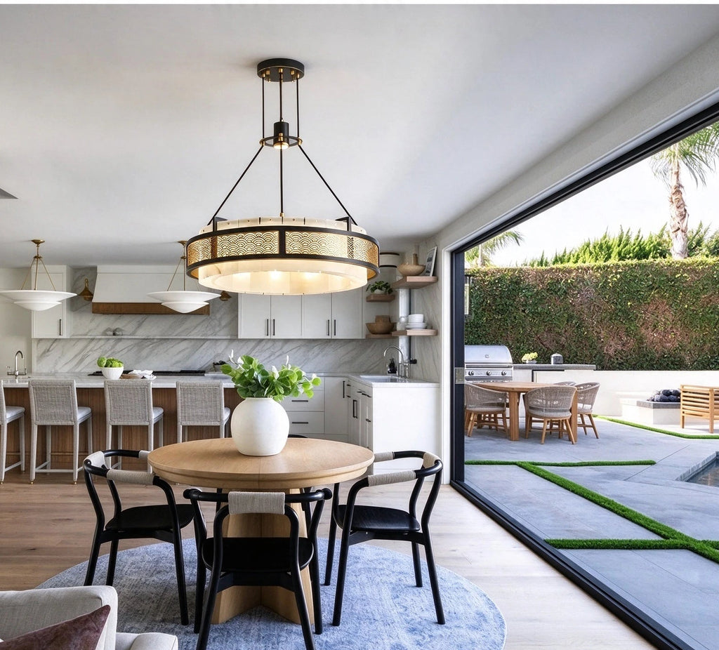 Modern Pierced Metal Band Chandelier in Open Concept Kitchen Dining