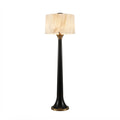 Modern Black Trumpet Base and Alabaster Shade Floor Lamp with Warm Light and Brass Trim on Pure White Background
