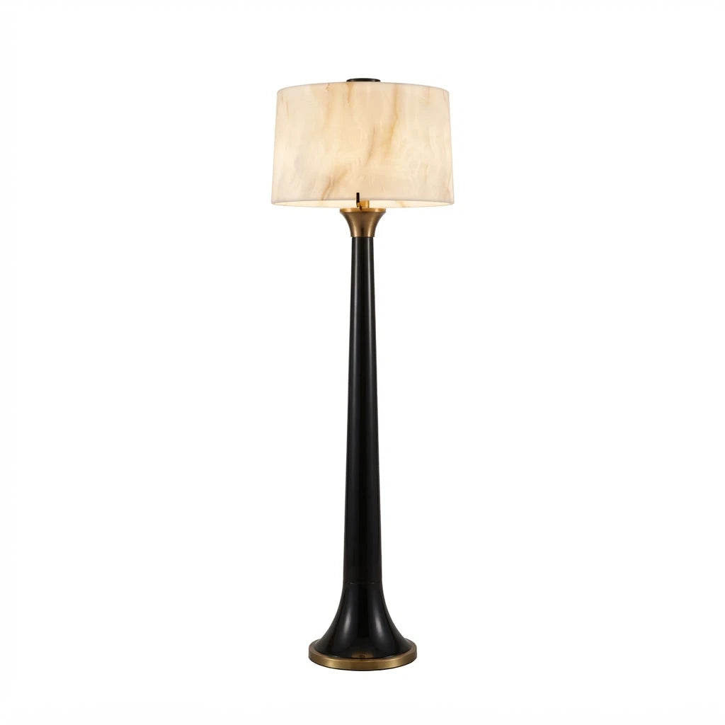Modern Black Trumpet Base and Alabaster Shade Floor Lamp with Warm Light and Brass Trim on Pure White Background
