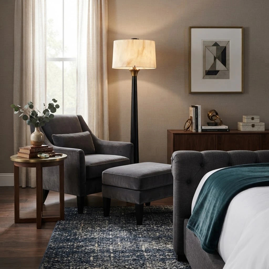 Modern Black Trumpet Base Floor Lamp in Cozy Bedroom Interior