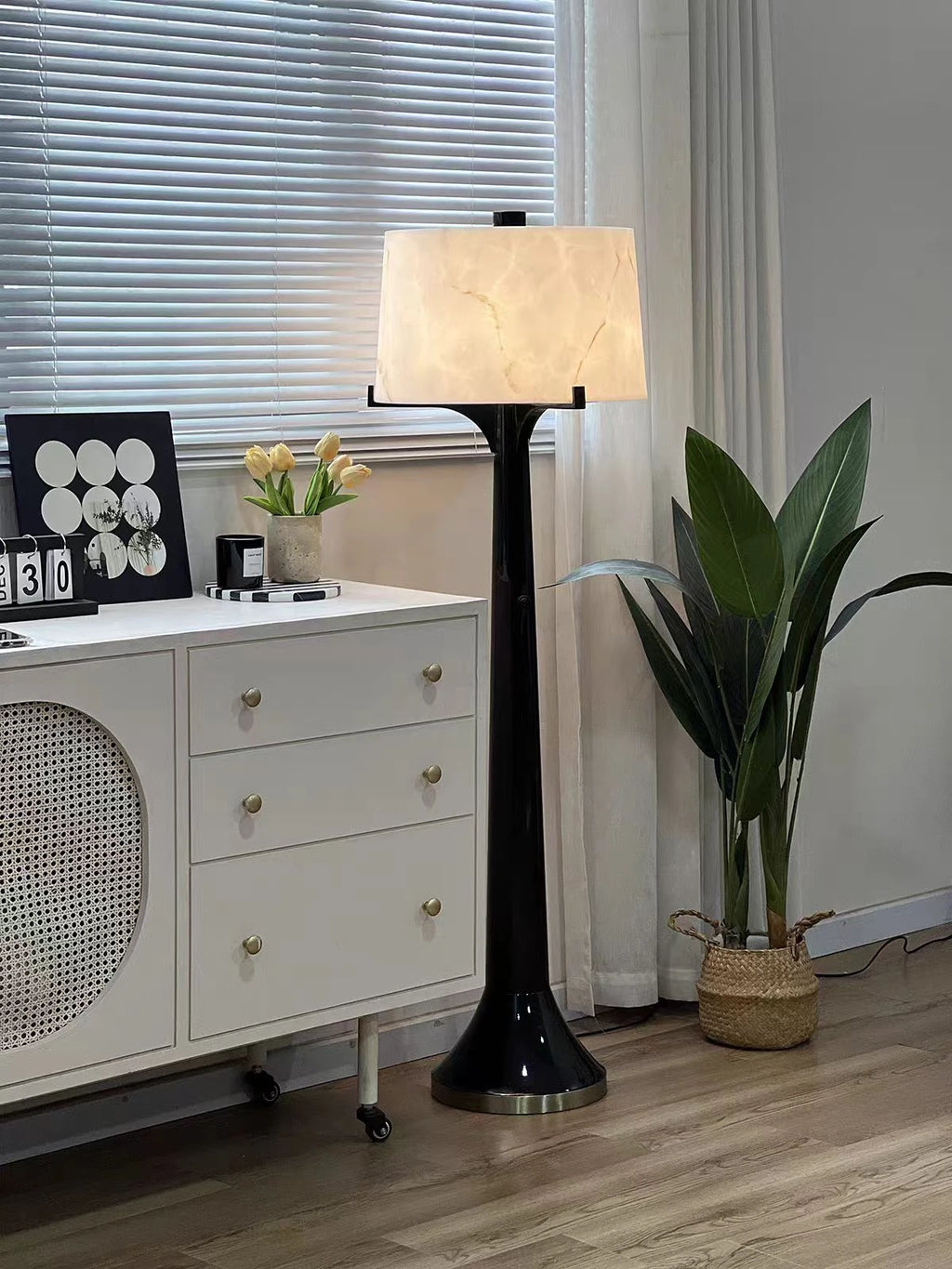 Modern Black Trumpet Base Floor Lamp in Bright Entryway Foyer