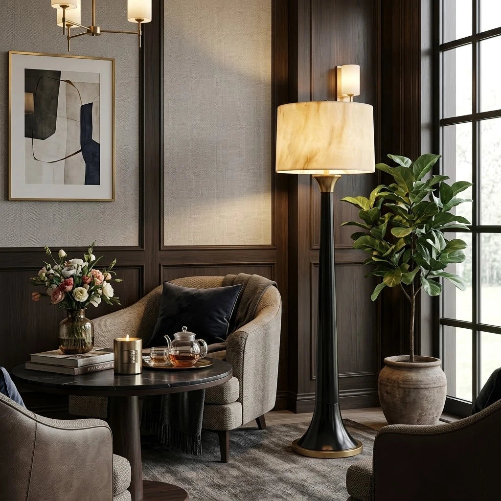 Modern Alabaster Shade Floor Lamp in Designer Tea Room Setting