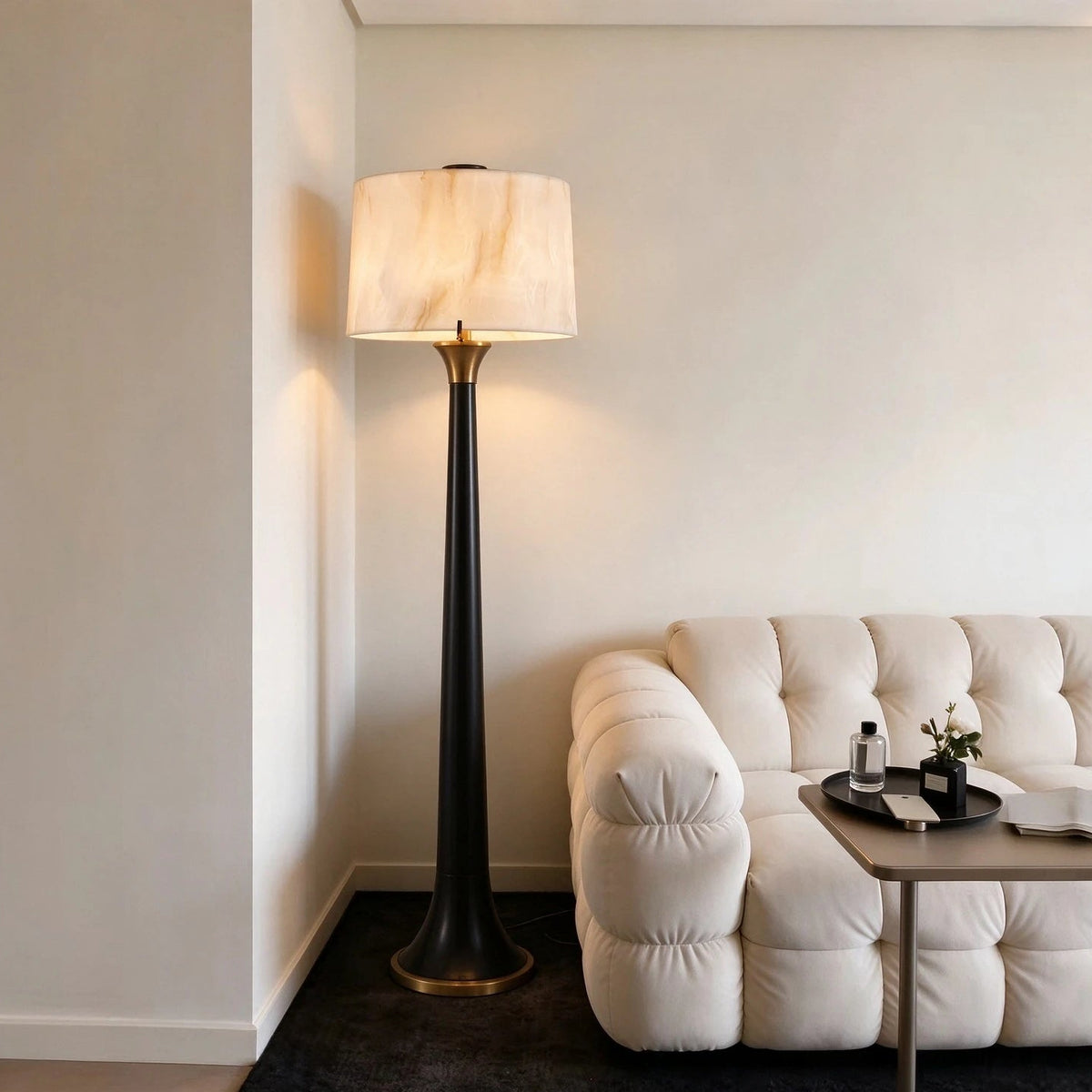 Modern Alabaster Shade Floor Lamp in Cozy Living Room Setting