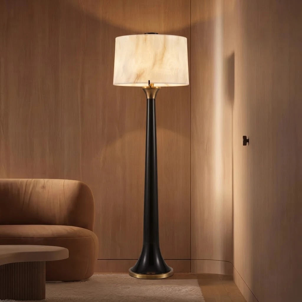 Modern Black Trumpet Base Floor Lamp in Dramatic Interior Lighting Setting