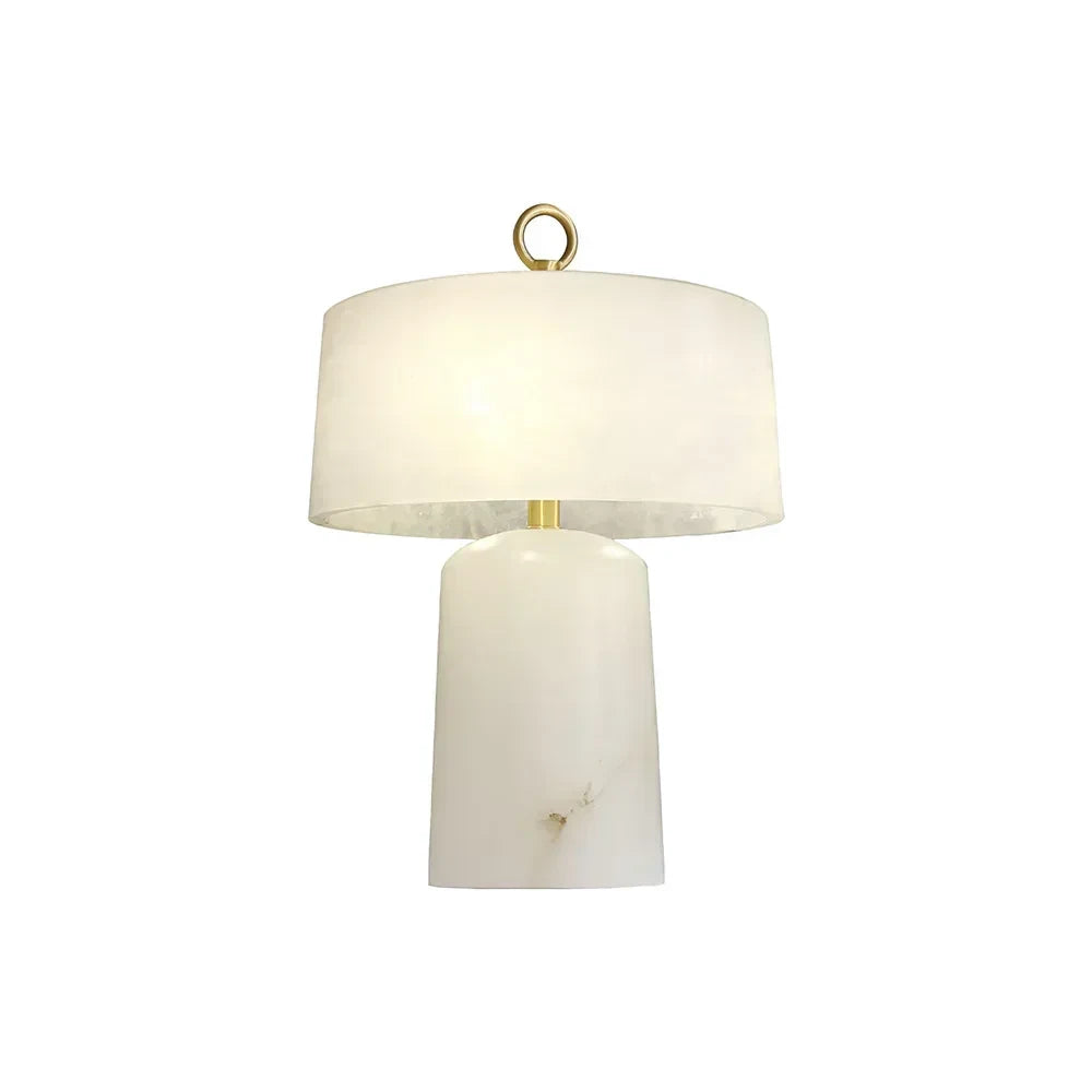 Modern Alabaster Drum Table Lamp with Ring Finial on Pure White Background