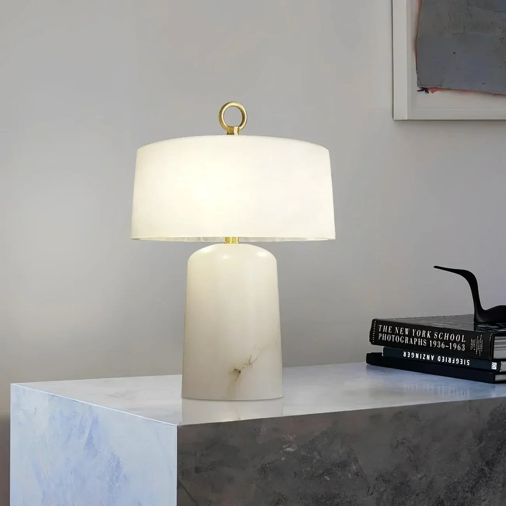 Modern Alabaster Drum Table Lamp on Marble Pedestal