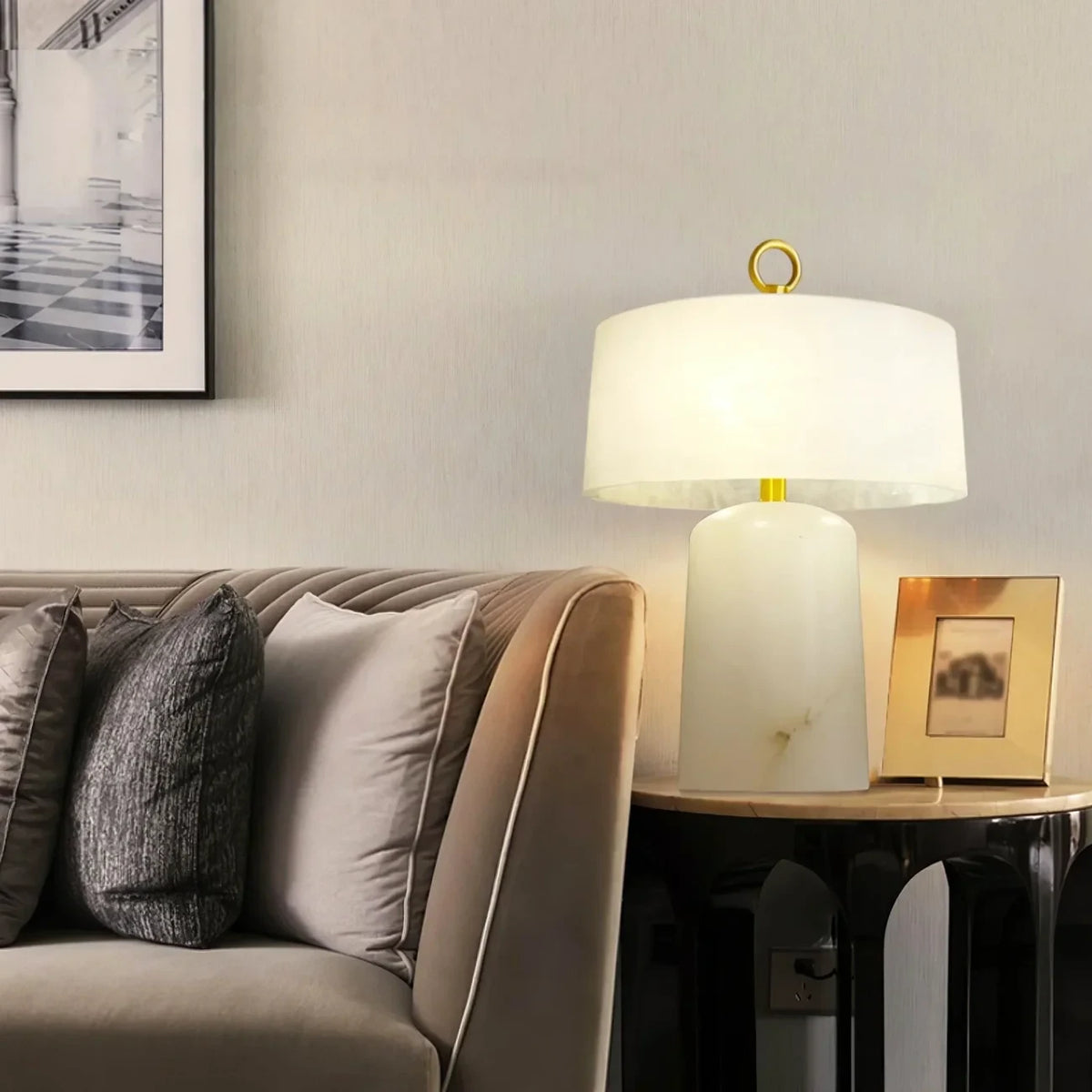 Modern Alabaster Table Lamp on Living Room Side Table