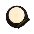 Modern Black Disc Base and Adjustable Spot Wall Sconce with Spherical Glass Shade and Warm Light on Pure White Background